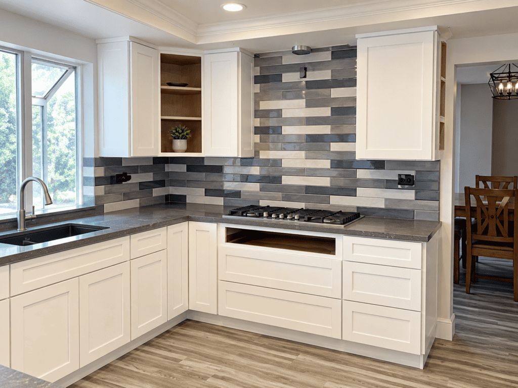 Contemporary kitchen featuring a gray tile backsplash and white cabinetry.